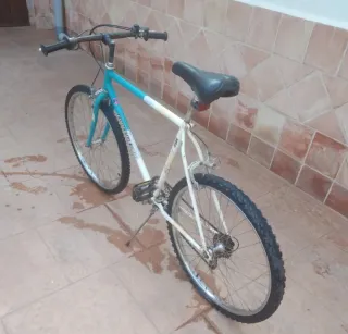 Bicicleta de montaña azul y blanca
