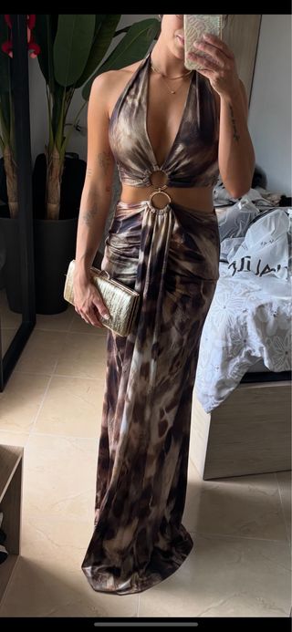 Vestido largo evento marrón y dorado