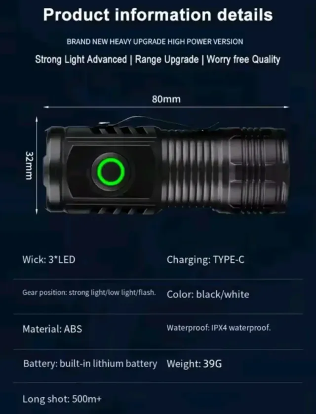 Linterna LED Potente Negra y Plateada