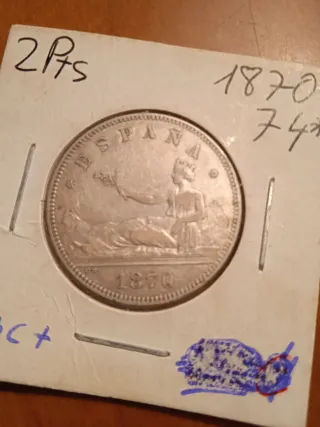 Moneda 2 Pesetas Plata 1870 Provisional