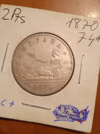 Moneda 2 Pesetas Plata 1870 Provisional