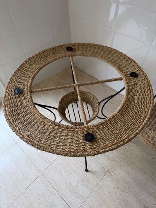 Mesa redonda cuerda y cristal + 4 sillas