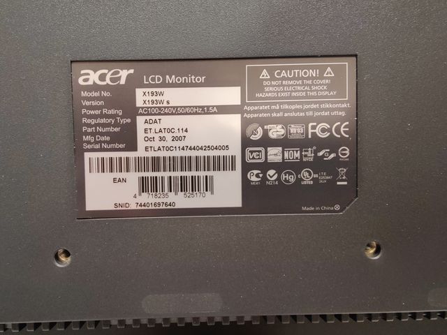 Monitor ACER 19 Pollici VGA LCD Cavi Display HD