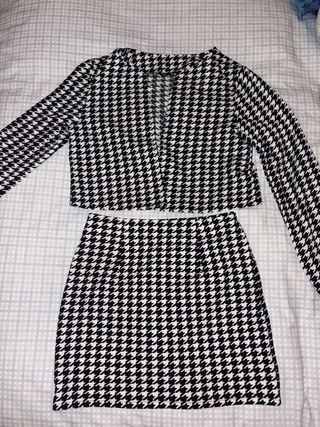 Conjunto blazer y falda cuadros blanco y negro