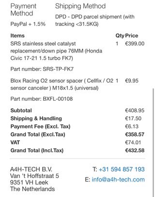 Downpipe SRS Honda Civic FK7 1.5 Turbo