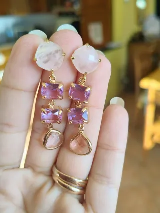 Orecchini Quarzo Rosa e Cristalli Viola