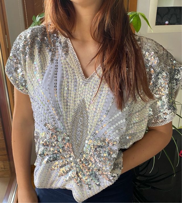 Top fiesta lentejuelas plateado y blanco