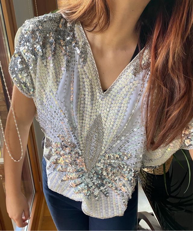Top fiesta lentejuelas plateado y blanco