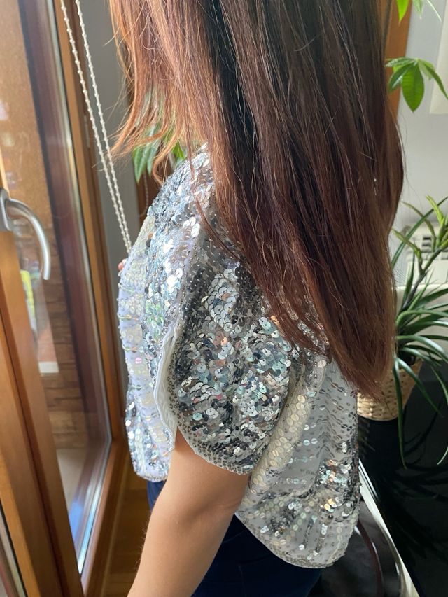 Top fiesta lentejuelas plateado y blanco