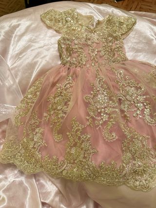 Vestido fiesta niña encaje dorado rosa