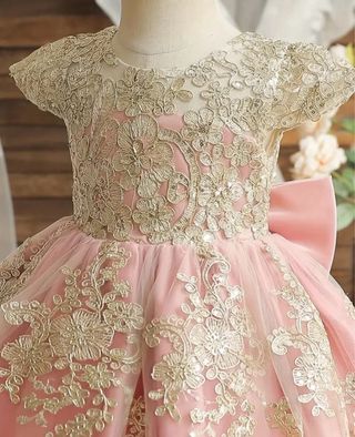 Vestido fiesta niña encaje dorado rosa