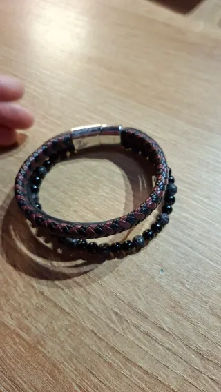 Pulsera trenzada cuero y piedras 3 en 1