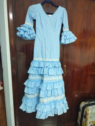 Traje Flamenca Niña Celeste Lunares