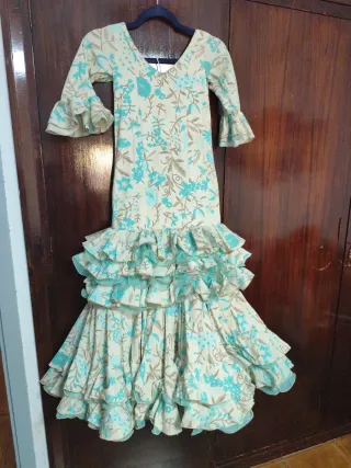 Traje Flamenca Niña Beige y Turquesa
