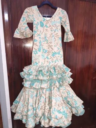 Traje Flamenca Niña Beige y Turquesa