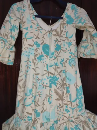Traje Flamenca Niña Beige y Turquesa