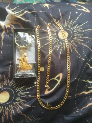 Set 4 Piezas Reloj y Cadena Dorados