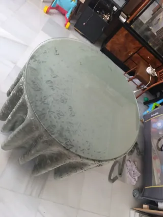 Mesa redonda cristal y tela completa