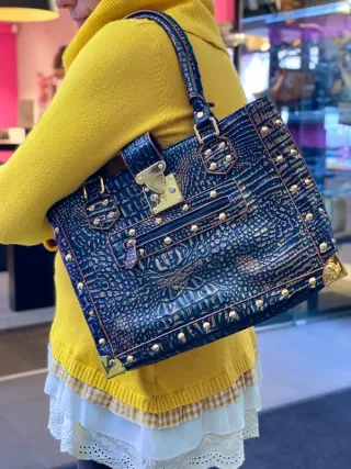 Bolso Tote Piel Efecto Cocodrilo Marrón/Dorado