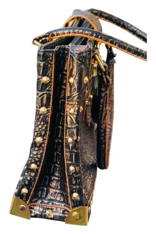Bolso Tote Piel Efecto Cocodrilo Marrón/Dorado
