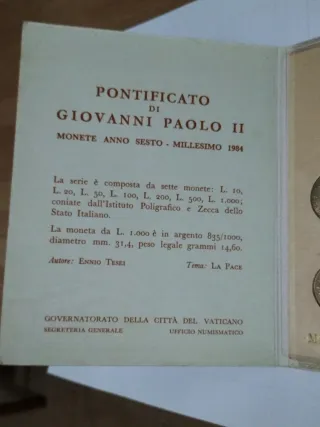 Monete Pontificato Giovanni Paolo II anno VI 1986