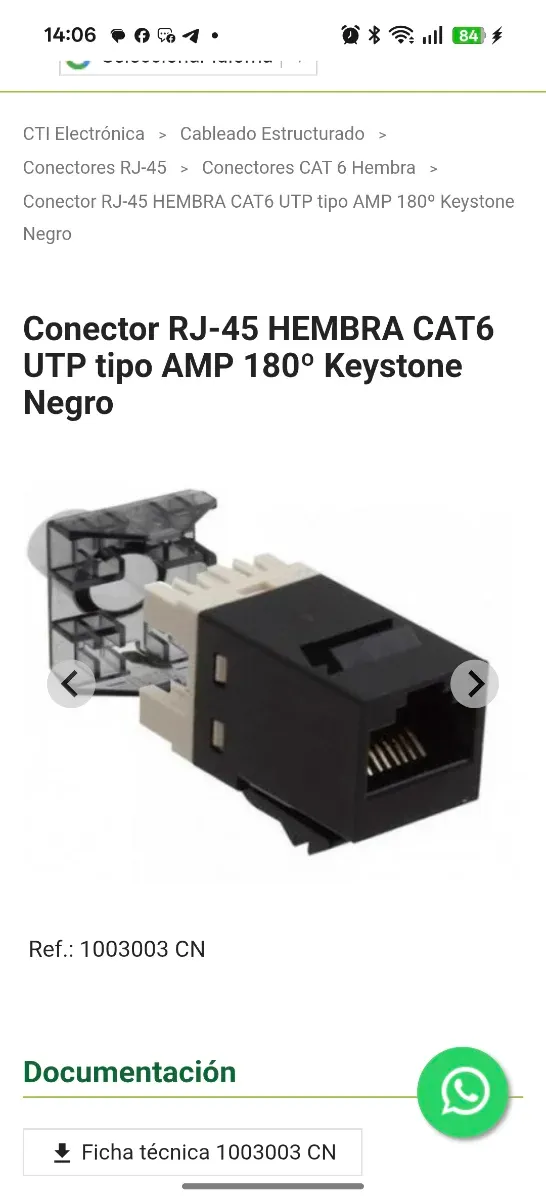 Conector RJ45 Hembra CAT6 UTP AMP Negro 300 cantid