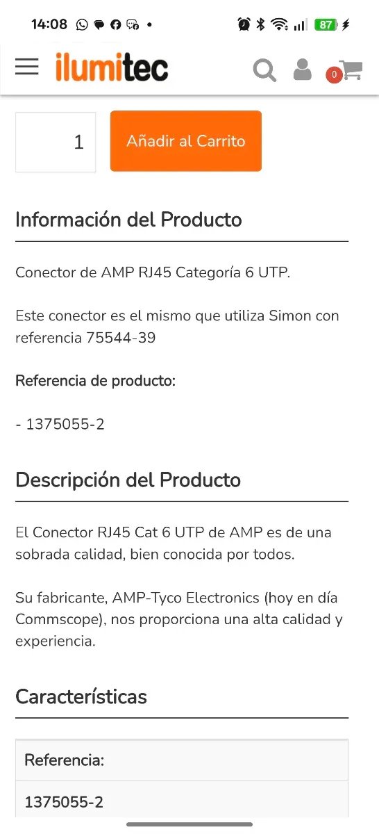 Conector RJ45 Hembra CAT6 UTP AMP Negro 300 cantid