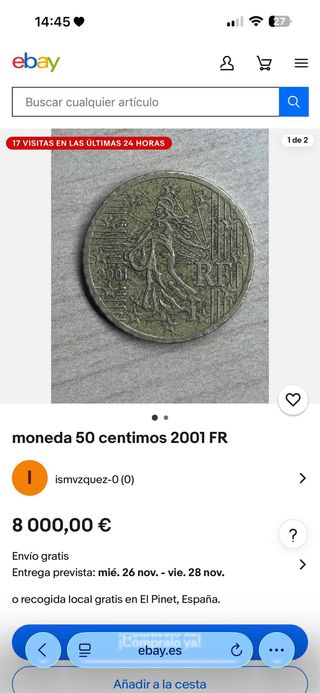 Moneda 50 céntimos Francia 2001