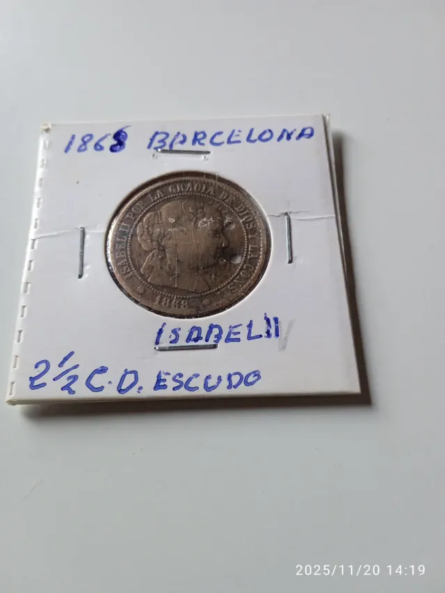 Isabel II 2.5 Céntimos de escudo 1868 Barcelona