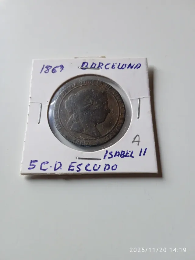 Isabel II 5 Céntimos de escudo 1867 Barcelona OM