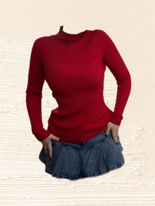 Vintage red jumper top long sleeve ribbed fabric