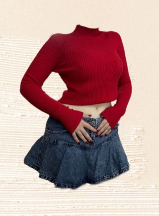 Vintage red jumper top long sleeve ribbed fabric