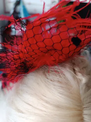 Tocado de fiesta con plumas rojas y redecilla