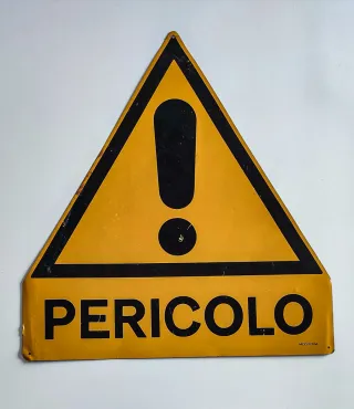 Cartello Pericolo in Lamiera vintage Anni '70