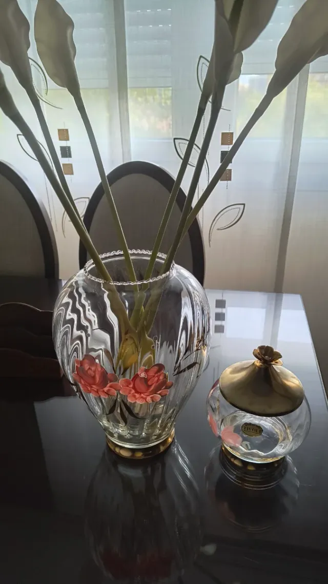 Centro de mesa y bombonera cristal y metal