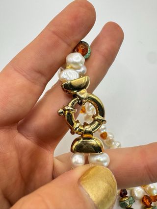 collana perle acqua dolce, turchese, ambra oro