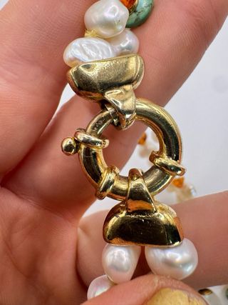 collana perle acqua dolce, turchese, ambra oro