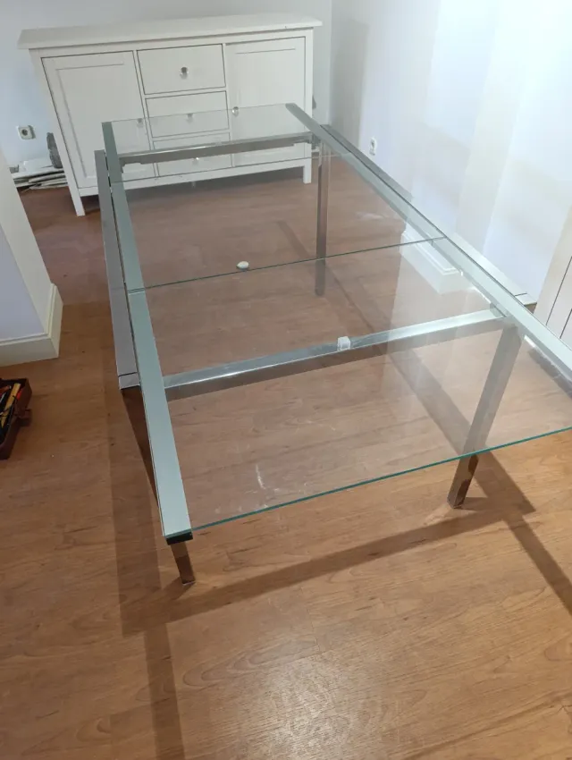 Mesa Comedor Cristal y Aluminio Extensible