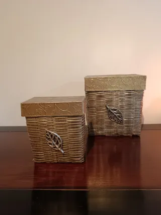 2 Cajas Decorativas Mimbre y Metal