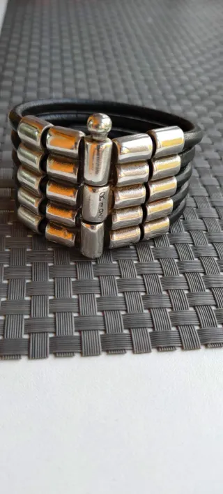 Pulsera Uno de 50 Cuero y Plata