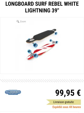 Longboard Surf Rebel White lightning 39