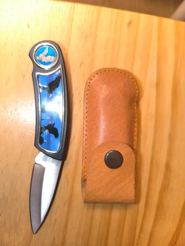 Lama da barba con aquile e fodero in pelle