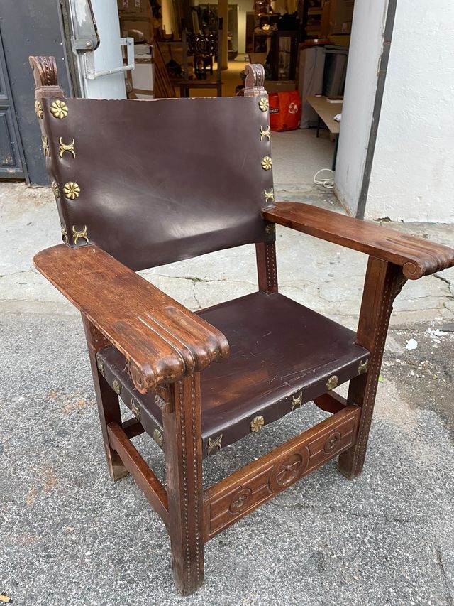 Sillón Frailero Antiguo Madera y Cuero