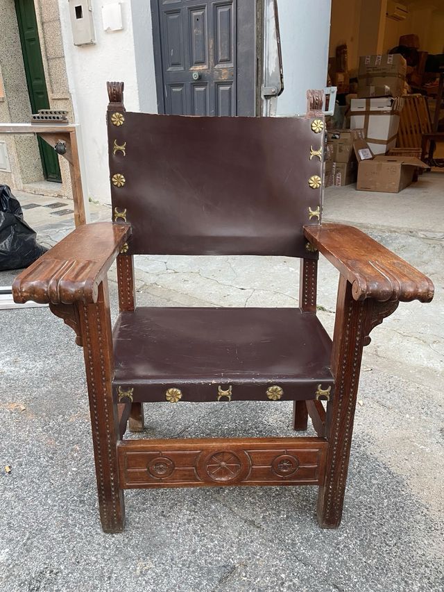 Sillón Frailero Antiguo Madera y Cuero