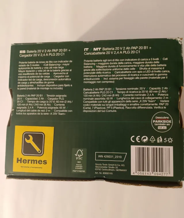 Batería Parkside 20V 2Ah + Cargador 20V 2.4A