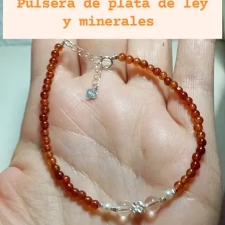 Pulsera Plata 925 Mineral Granate, cuarzo y perlas