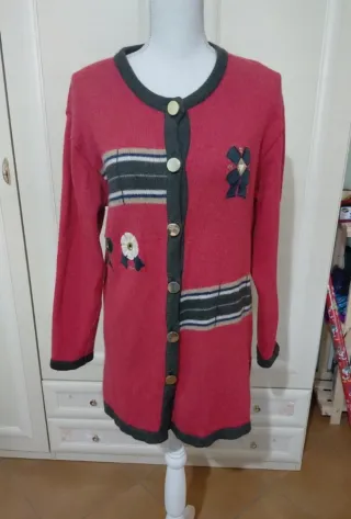 Cardigan lungo vintage rosso con fiocchi