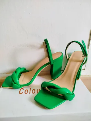 Sandalias Verdes Tacón Bloque Trenzadas