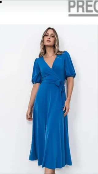 Vestido azul cruzado manga abullonada