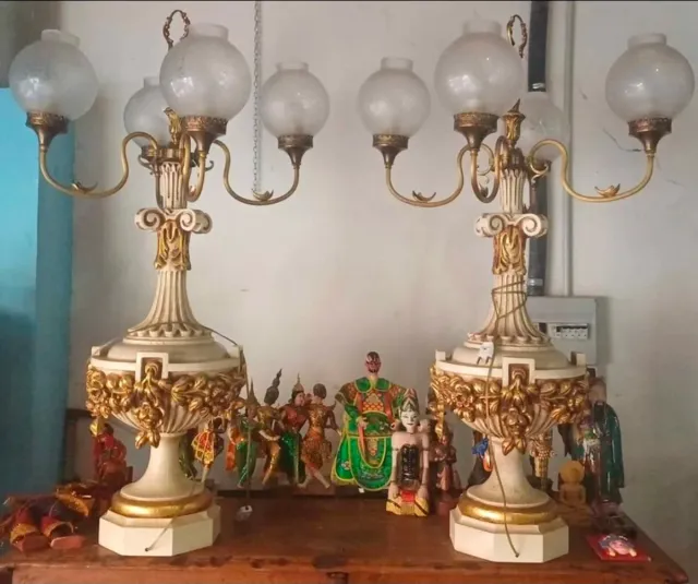 Pareja Lámparas Madera Tallada Beige/Oro